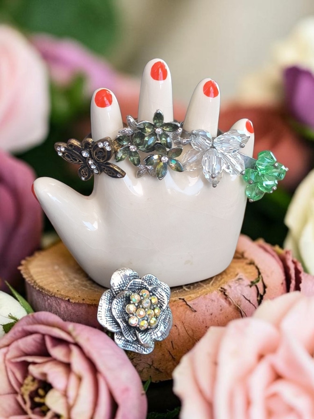 Floral Crystal Cocktail Rings Set - Green & Clear Accents